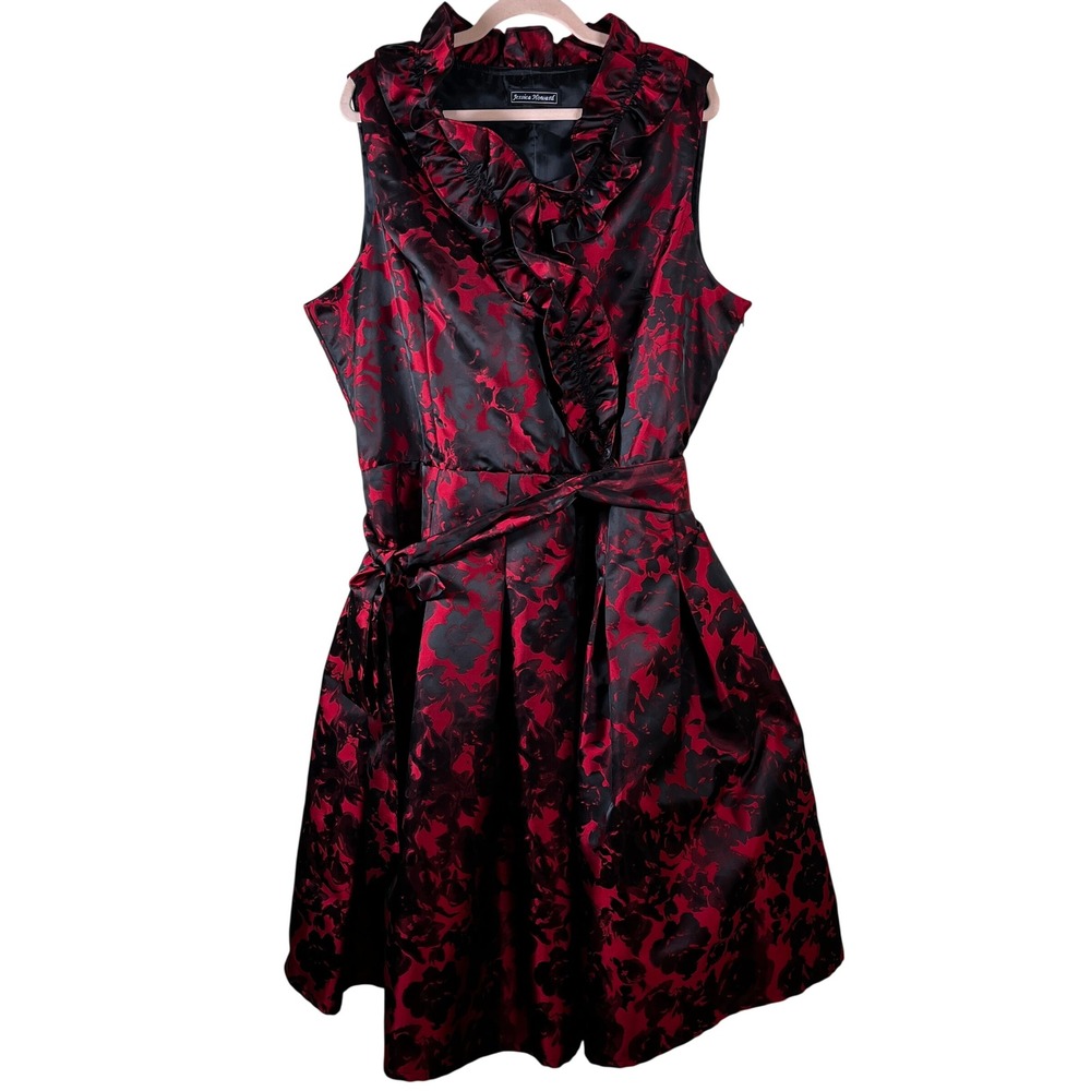 Jessica Howard Red Black Damask Ruffle Belted Dress 14 Whimsigoth Dark Floral